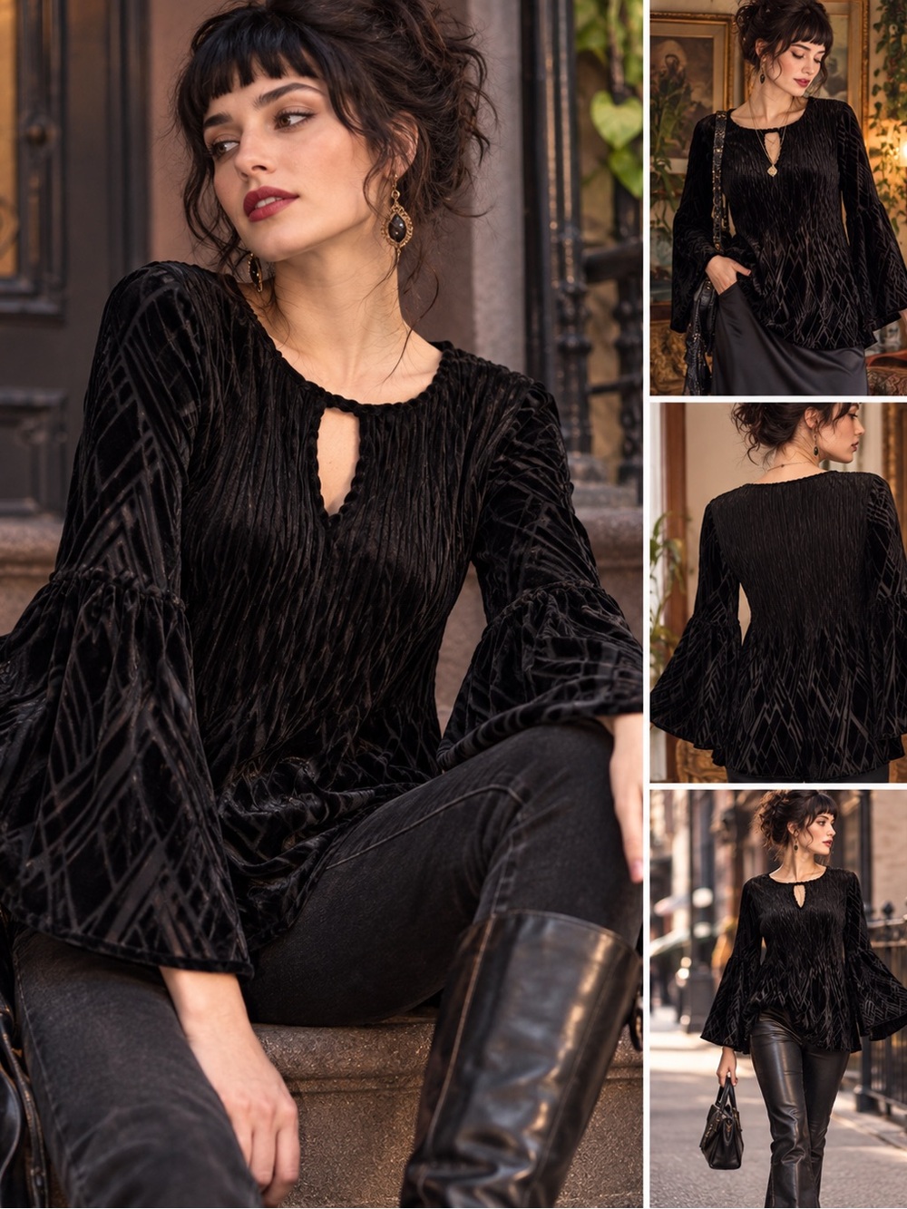 Black Burnout Velvet Bell Sleeve Whimsigoth Goth Tunic Top PM